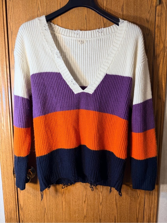 POL Sweaters - POL Distressed Halloween Colored V-Neck Sweater in Cream, Purple, Orange & Navy